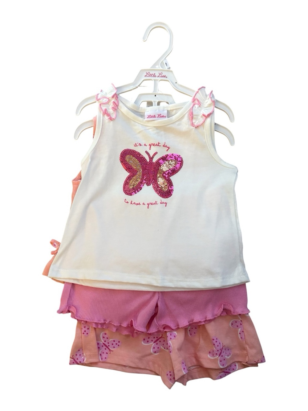 Little Lass White & Pink Butterfly Sequin 4 piece Short Set - Size: 3T
